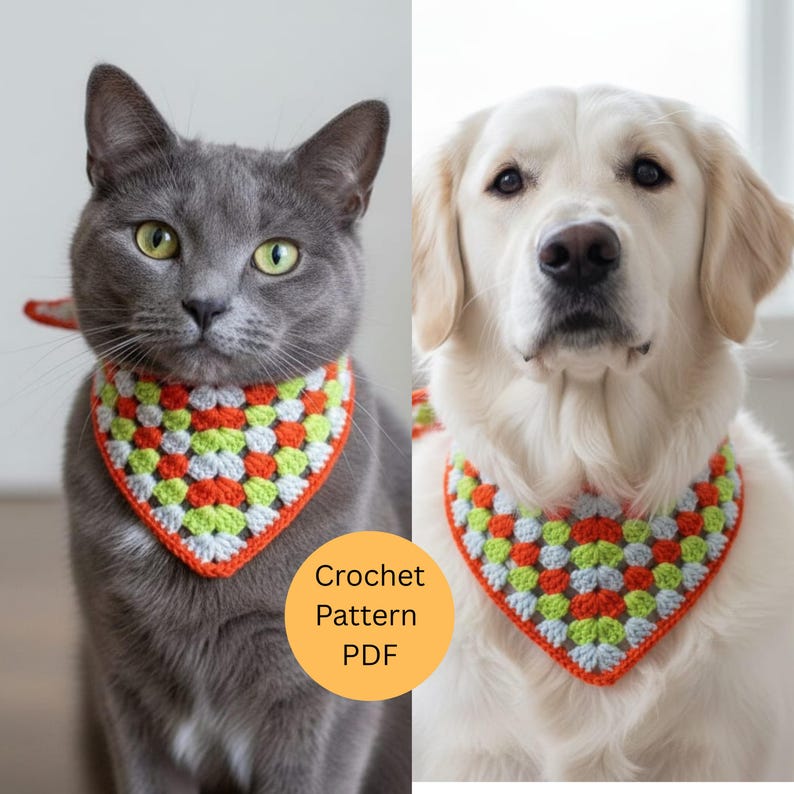Puede incluir: Un gato gris y un golden retriever lucen cada uno un pa&ntilde;uelo de ganchillo colorido. Los pa&ntilde;uelos presentan un dise&ntilde;o de granny square con cuadrados naranjas, verdes, blancos y azules, delineados en naranja. La imagen incluye el texto "Crochet Pattern PDF".