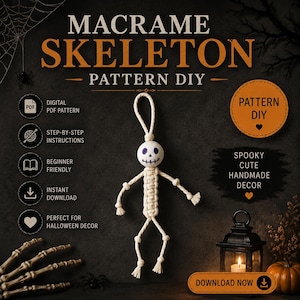 Macrame Skeleton Pattern PDF, Beginner Frendly, Spooky Macrame Ornament QR Video Link