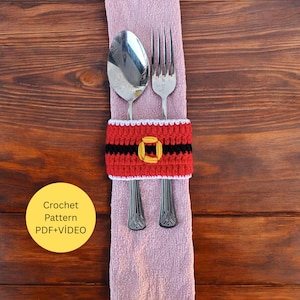 Patrón de ganchillo para sujetar cubiertos navideños, cinturón de Papá Noel, decoración de mesa DIY (patrón en PDF)