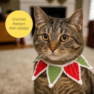 Collar para perros y gatos, patrón de collar navideño de crochet para mascotas • Banda para el cuello navideña para gatos y perros pequeños (PDF) QR y enlace de video, 6 idiomas