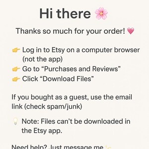 Puede incluir: Gr&aacute;fico beige claro con el texto "Hi there" y una flor rosa. Tambi&eacute;n est&aacute; presente el texto "&iexcl;Muchas gracias por tu pedido!", junto con instrucciones sobre c&oacute;mo descargar archivos de Etsy.