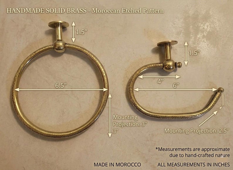 A product dimension guide for a brass towel hanger and TP holder,showing measurements in inches for easy bathroom installation
