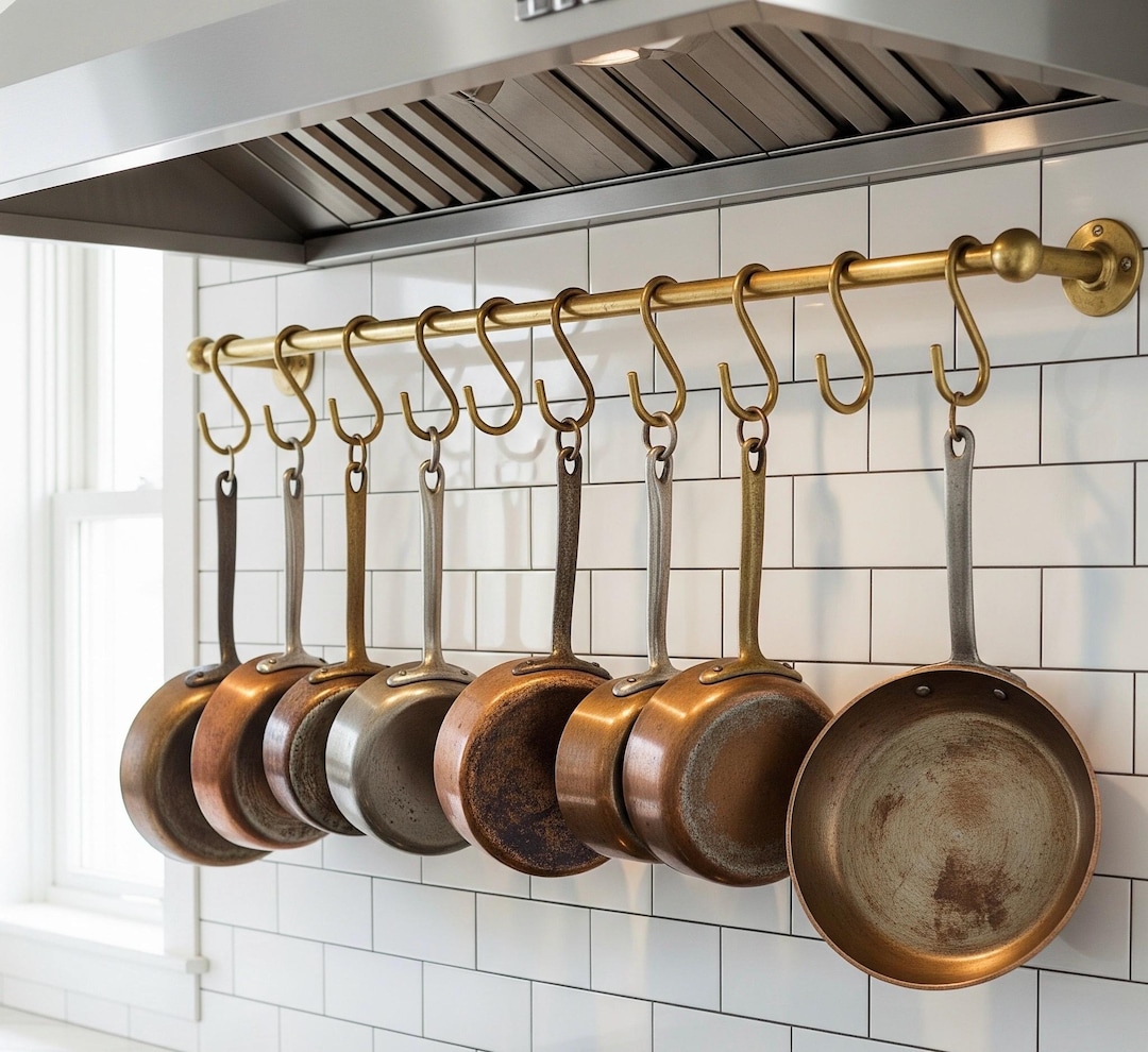 Pot Rack Rail Handmade Brushed Brass Pot Rail With S Hooks - Antique Kitchen ...
