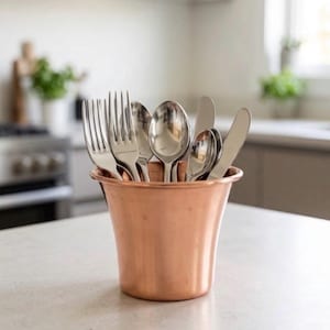 May include: A polished copper-colored metal container holding a collection of stainless steel flatware, including forks, spoons, and knives. The container has a wide, flared rim and a smooth, cylindrical body that tapers slightly toward the base.