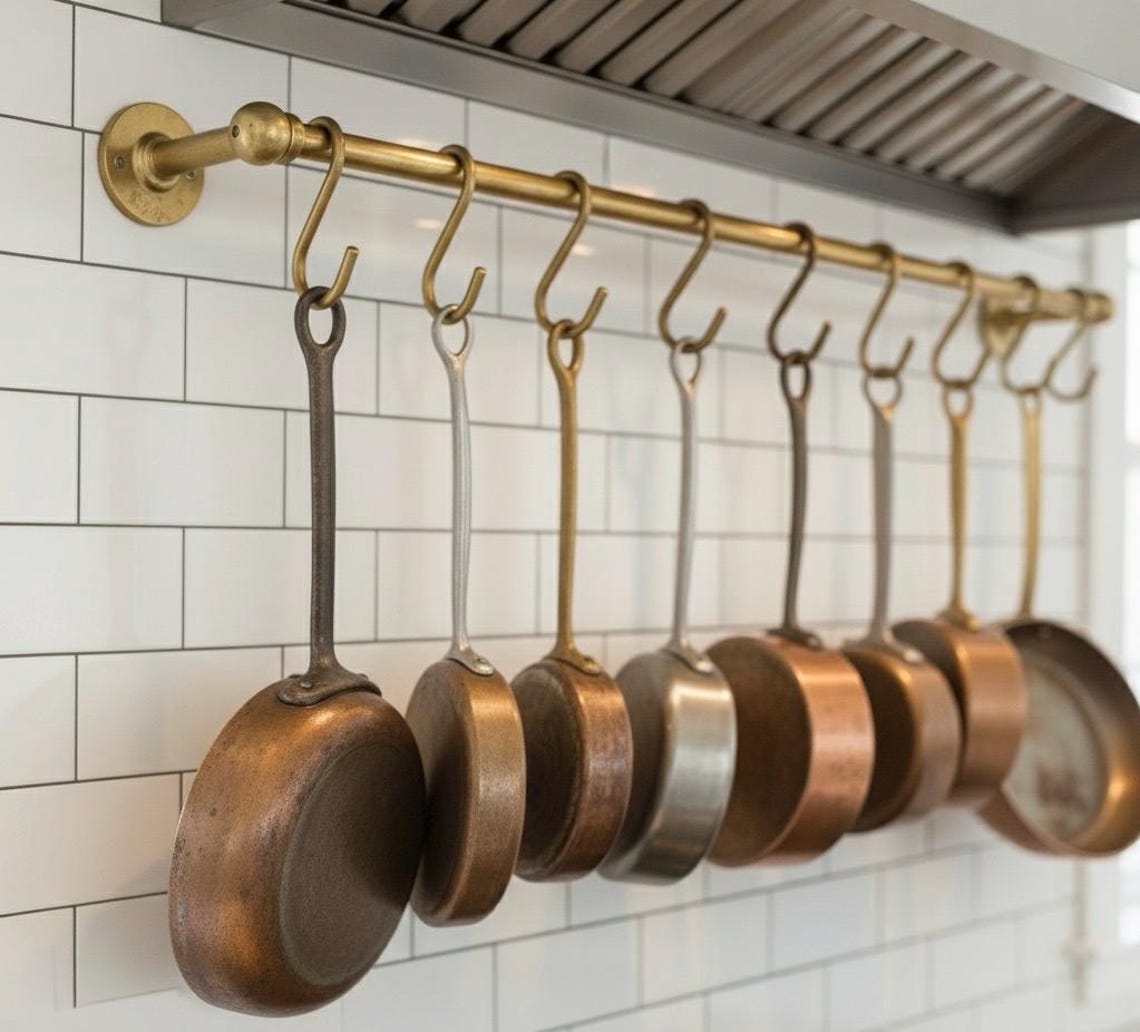 Pot Rack Rail Handmade Brushed Brass Pot Rail With S Hooks - Antique Kitchen ...