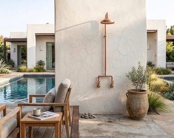 Unlacquered Solid Copper Shower System - Handcrafted Exposed Pipe Rain Shower with Brass Cross Handles - Living Finish Patina