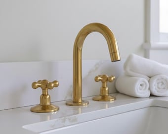 Unlacquered Brass Bathroom Faucet – Handmade Solid Brass 3-Hole Vanity Tap