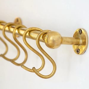 Unlacquered Brass Kitchen Rail: Vintage Style Pot Rack with S-Hooks