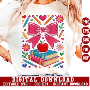 Coquette Bow Back to School Design: maglietta per insegnanti SVG PNG (download digitale)