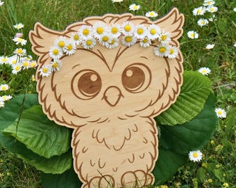 Coruja de madeira 'Ella' colhendo flores e folhas | Coleta de flores para crianças | Decoração de primavera | Presente para crianças que amam a natureza | Decoração para quarto infantil