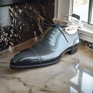 Handcrafted Goodyear Welted Black Leather Lace Up Toe Cap Brogue Oxford Shoes