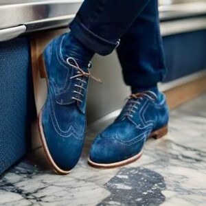 New Pure Handmade Blue Suede Leather Brogue Lace Up Shoes For Men&#39;s