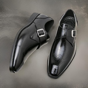 Men&#39;s Handmade Black Leather Monk Strap Oxford Dress Shoes Wedding Party Formal
