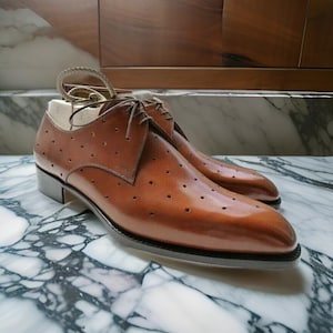 Handmade Men&#39;s Tan Leather Lace Up Chiseled Toe Derby Dress Formal Shoes