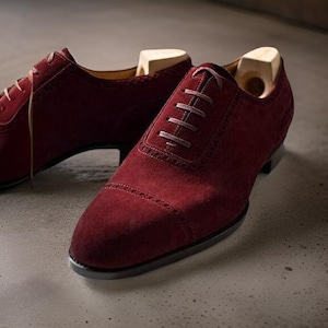 Men&#39;s Shoes Handmade Red Suede Oxford Lace up Toe cap Brogue Party Wear Lace Up