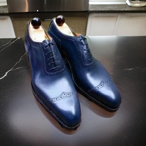 New Handmade Men&#39;s Blue Cowhide Leather Round Toe Lace Up Oxford Dress Shoes