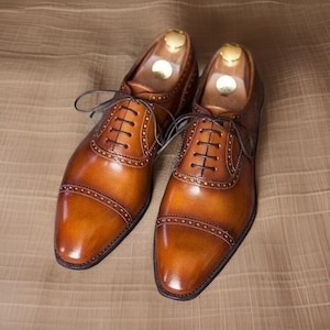 Handmade Men&#39;s Tan Color Leather Oxford Lace Up Toe-Cap Dress Formal Shoes Men