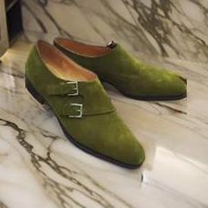 New Stylish Men Olive Green Suede Double Monk Strap Handmade Formal Dress Shoes