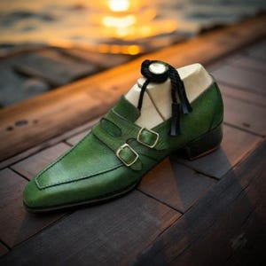 New Handmade Green Leather Formal Double Monk Buckle Dress Shoes For Mens