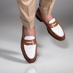 Handmade Two Tone Leather Moccasin Slip on Loafers Formal Dress Shoes For Men