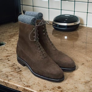 Handmade Men&#39;s New Brown Suede, Oxford Lace Up Toe Cap Casual Formal Boots Men.
