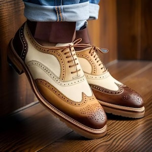 Handmade Leather Brown & Beige Dress Wingtip Lace Up Brogue Oxford Shoes For Men