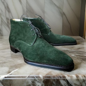 Compre feito à mão genuíno verde camurça chukka rendas vestido vintage botas masculinas