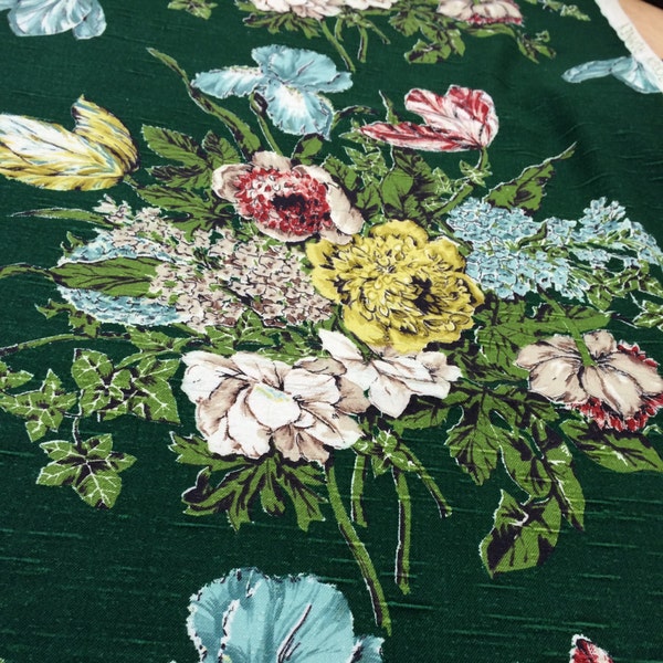 Luscious Floral Bouquet "Romney" 40s  Co FAB Co Deep Rich Tones of Sensuous Colors on Evergreen Ground  Cotton Shantung