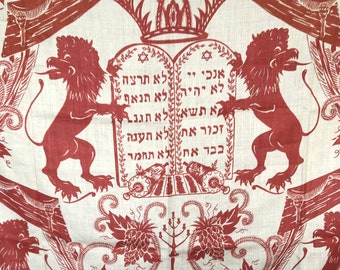 House of David, Linen Fabric, Rare Vintage Toile, Majestic Lions Crown, Commandments, Dead Sea Scrolls Torah  Menorah Red/ Oat Ground, RARE