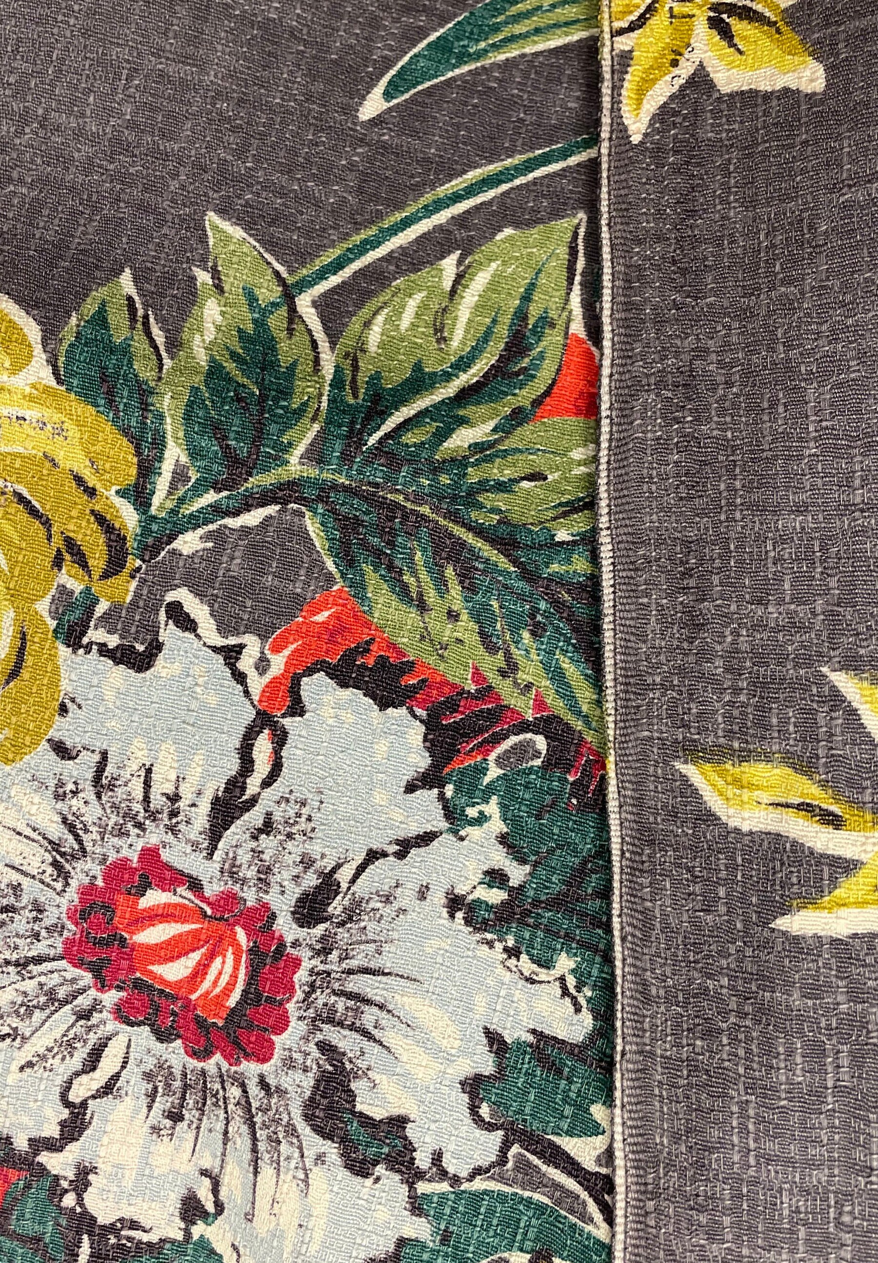 Vintage Tropical Barkcloth, Red White Hibiscus Fabric, Gold