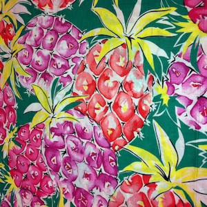 Vintage Tropical Pineapple Multi. Hawaiian Batiste 1970 Orange Purple Pink Pineapples with Yellow Stems and Green Ground