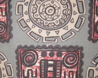Vintage Denim Tiki Print Fabric Block: Red, Gray & Black Medallions