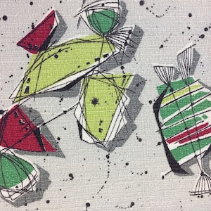 Eames Style Print &quot;Candilicious&quot; Panel Abstract Barkcloth Lime, Red, Green and Black Splashes on Silver Ground