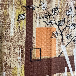 Vintage Eames Era Barkcloth  MCM &quot;Regency&quot; Pumpkin, Choco Blocks Black Flowers on Yellow, White Taupe Woodgrain Ground 8.67 yds and 1.89 yds