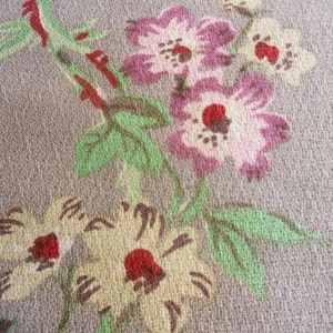 Vintage Barkcloth Fuschia Tulips with Scarlet, Violet, Purple Roses, 80s Shabby Chic Fabric Spring Green Leaves Taupe Green Grnd 2 pieces