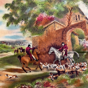 RARE FIND Vintage English Hunting Scene Border Screen Print Lively Beagles w/ Colors of Rusts, Greens, Blues, Browns on Off White Ground.