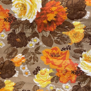 Vintage Barkcloth MCM Roses w/Daisies Barkcloth 60s Vibrant Lemon Orange Roses Intertwined Chocolate Leaves White Yellow Daisies Taupe Grnd