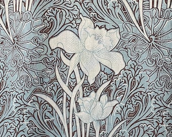 Art Nouveau Vintage Floral Daffodil  Edinburgh Weavers Import, Chocolate, Oatmeal on Blue Ground