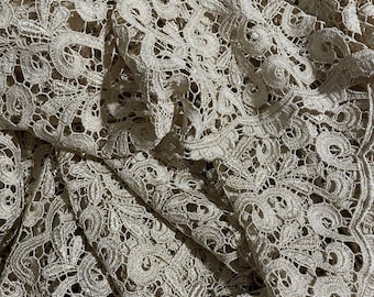 Bridal Italian Lace Silk/Linen Import  Metallic Gold Threads Beige Woven Intertwined Threads with Scalloped Border
