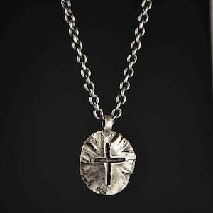 Rustic Silver Cross Pendant Necklace - Oxidized Silver Jewelry - Handmade Christian Jewelry - Gift for Him - Birthday Gift - Easter Gift