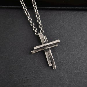 Rustic Layered Silver Cross Pendant - Oxidized Silver Jewelry - Handmade Christian Jewelry - Easter Gift for Him or Her - Birthday Gift