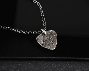 Handmade Oxidized Sterling Silver Guitar Pick Pendant Necklace