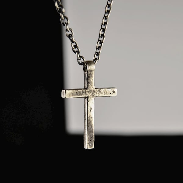 Minimalist Brutalist Oxidized Sterling Silver Cross Pendant Necklace - Handmade Christian Jewelry - Birthday Gift For Him And Her
