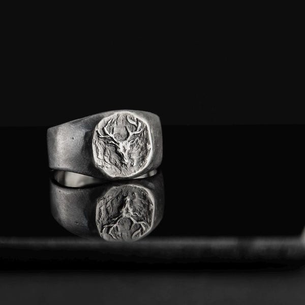 Handmade 925 Sterling Silver Signet Ring – Deer Stag Brutal Art Unisex Jewelry
