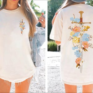 Floral Sword Shirt Front Back Print Cottagecore Wildflower Graphic Tee Women Comfort Colors 1717 mockup. Garment-dyed vintage oversized t-shirt, unisex relaxed cotton, everyday gift.
