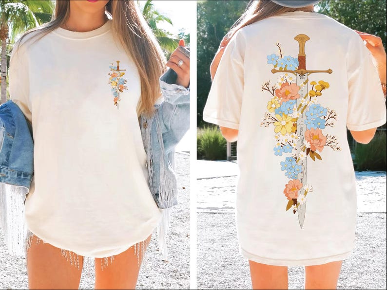 Floral Sword Shirt Front Back Print Cottagecore Wildflower Graphic Tee Women Comfort Colors 1717 mockup. Garment-dyed vintage oversized t-shirt, unisex relaxed cotton, everyday gift.