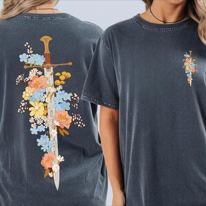 Floral Sword Shirt Front Back Print Cottagecore Wildflower Graphic Tee Women printed on a Comfort Colors 1717 unisex garment-dyed t-shirt. Vintage oversized cotton tee, relaxed fit, made-to-order gift.