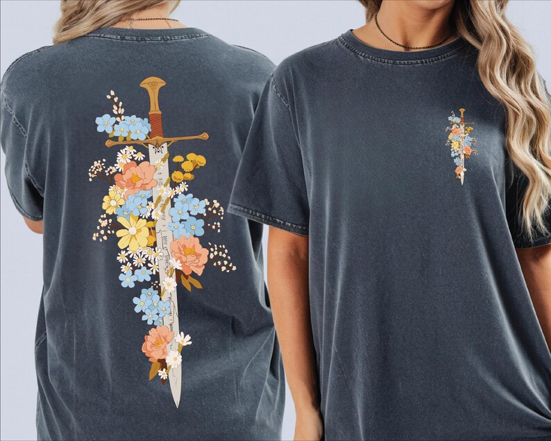 Floral Sword Shirt Front Back Print Cottagecore Wildflower Graphic Tee Women printed on a Comfort Colors 1717 unisex garment-dyed t-shirt. Vintage oversized cotton tee, relaxed fit, made-to-order gift.