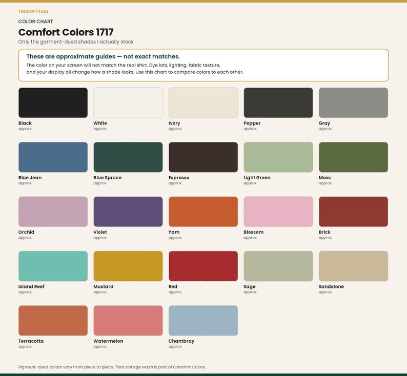 Comfort Colors 1717 unisex t-shirt size chart. Vintage oversized garment-dyed cotton tee measurements, relaxed fit S to 3XL. Check size before ordering this gift shirt.