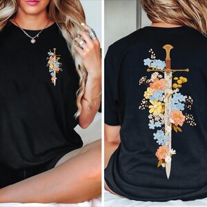 Close-up of Floral Sword Shirt Front Back Print Cottagecore Wildflower Graphic Tee Women graphic on a Comfort Colors 1717 heavyweight tee. Vintage oversized unisex shirt, great gift idea.